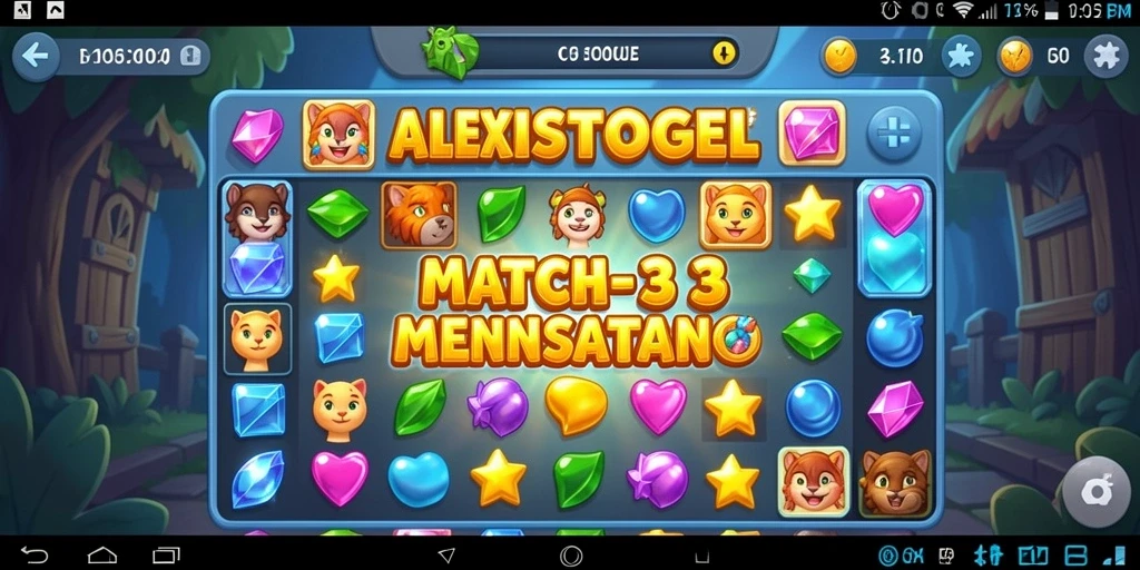 Screenshot ALEXISTOGEL menunjukkan gameplay Match-3 yang seru dan menantang.