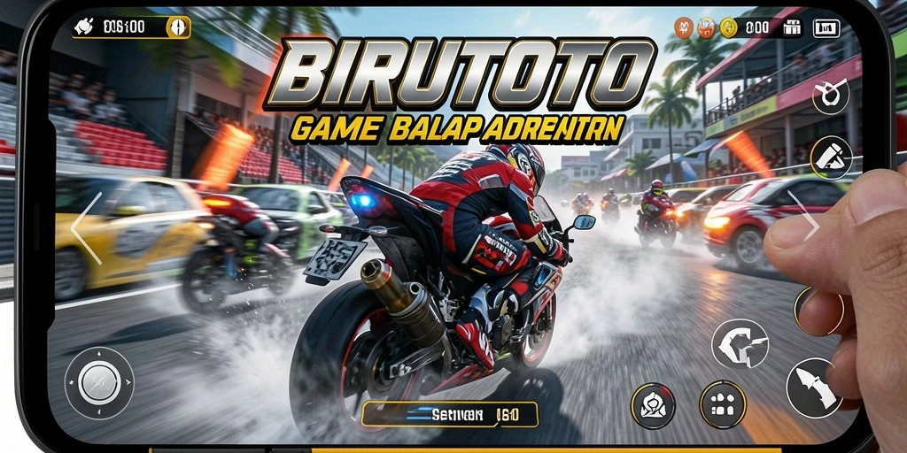Tampilan seru gameplay BIRUTOTO dengan berbagai trek balapan menantang.