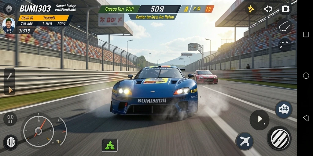 Gameplay balap yang mendebarkan di BUMI303 dengan variasi trek.