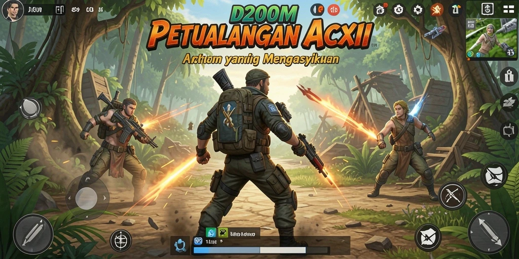 Screenshot utama D200M menampilkan aksi seru dalam pertempuran.