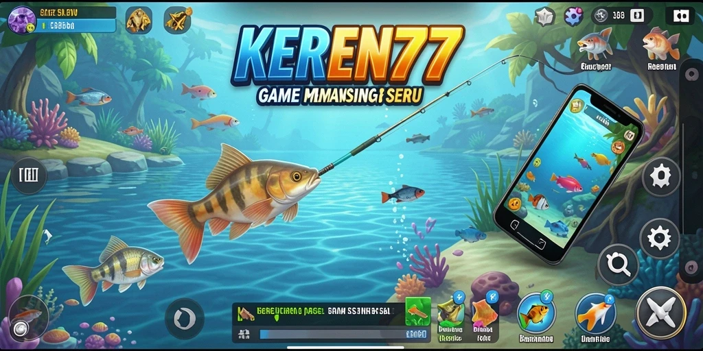 Screenshot menunjukkan pemain menangkap ikan di lautan yang indah.