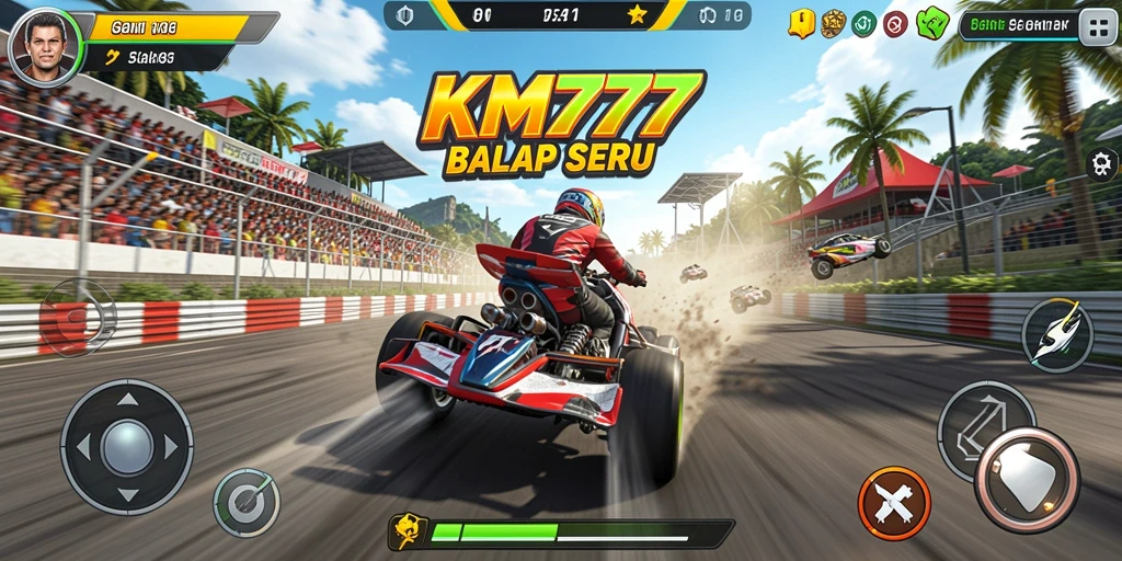Screenshot utama KM777 menampilkan balapan mendebarkan di jalan perkotaan.