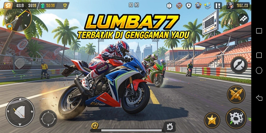 Tampilan gameplay seru LUMBA77 saat balapan motor.