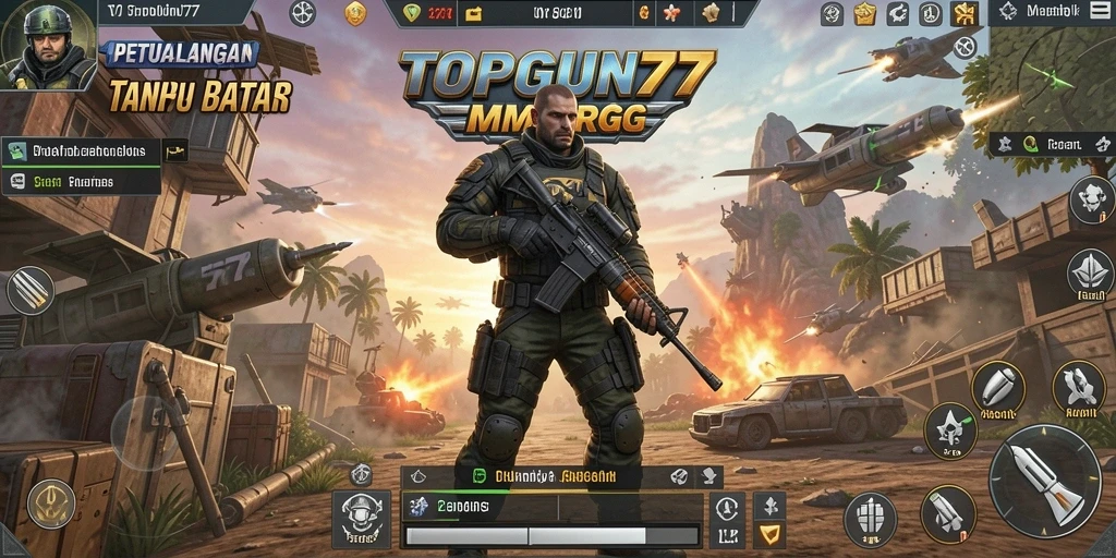 Screenshot gameplay TOPGUN77 dengan karakter dalam pertempuran MMORPG.