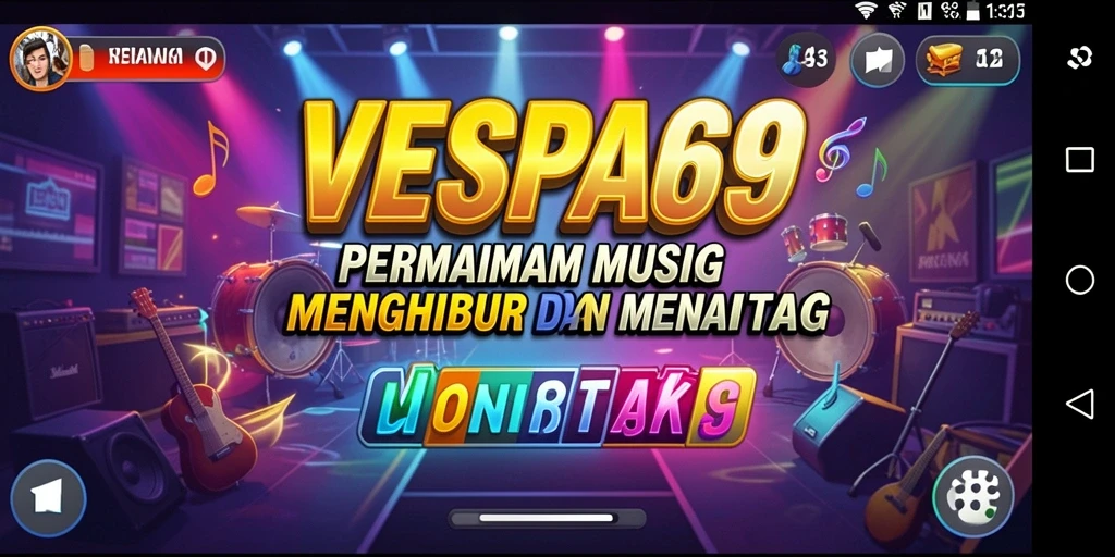 Screenshot utama VESPA69 menampilkan pemain yang asyik bermain musik.